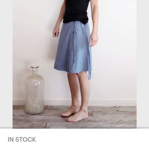 (S) Linen Wrap Skirt, Knee Length Circle Skirt-Beige - Picture 3 of 11